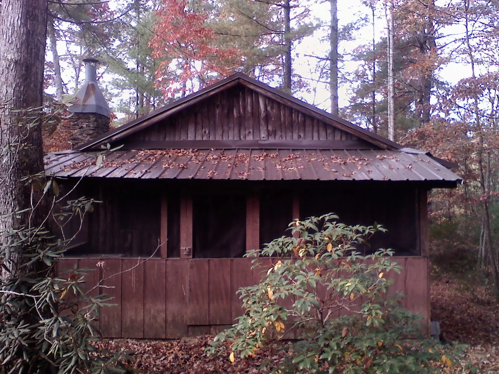 Metal roof over the screened porch of a rustic cabin in Riverdale